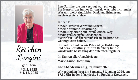 Traueranzeige von Röschen Langini von trierischer_volksfreund