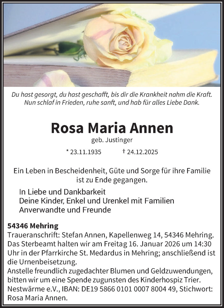  Traueranzeige für Rosa Maria Annen vom 10.01.2026 aus trierischer_volksfreund