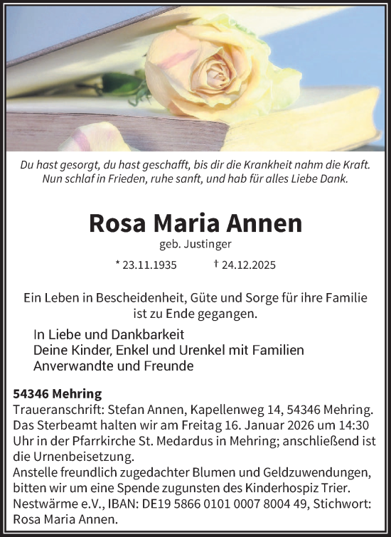 Traueranzeige von Rosa Maria Annen von trierischer_volksfreund