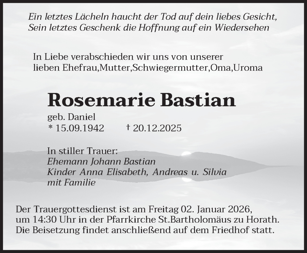  Traueranzeige für Rosemarie Bastian vom 31.12.2025 aus trierischer_volksfreund