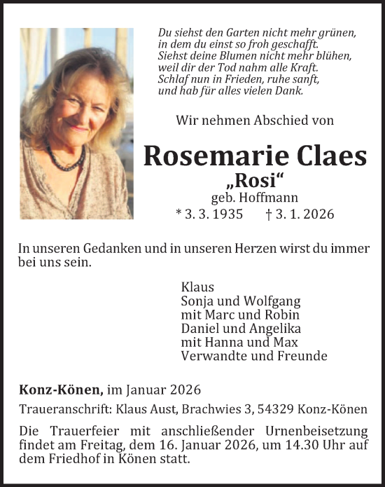 Traueranzeige von Rosemarie Claes von trierischer_volksfreund