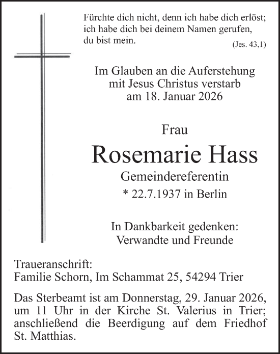 Traueranzeige von Rosemarie Hass von trierischer_volksfreund