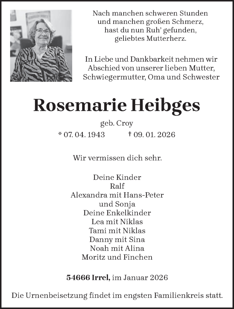  Traueranzeige für Rosemarie Heibges vom 17.01.2026 aus trierischer_volksfreund
