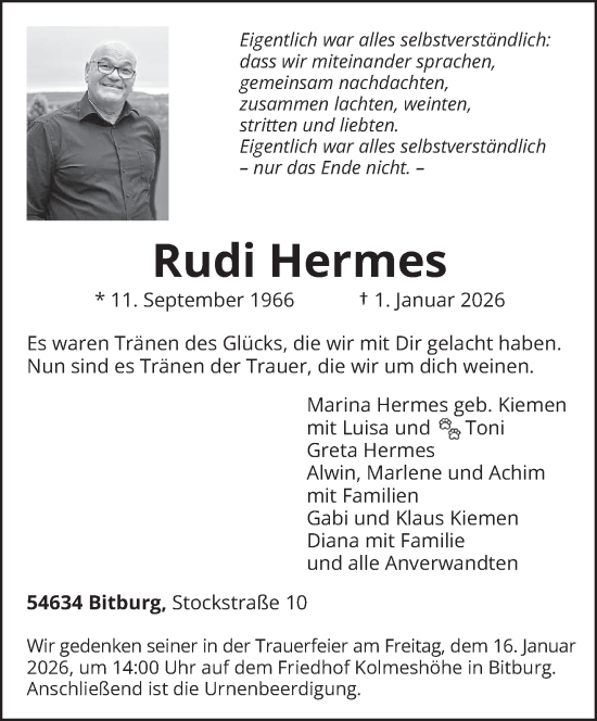 Traueranzeige von Rudi Hermes von trierischer_volksfreund