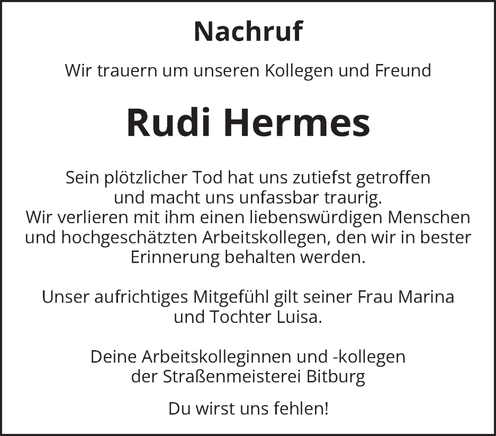  Traueranzeige für Rudi Hermes vom 07.01.2026 aus trierischer_volksfreund