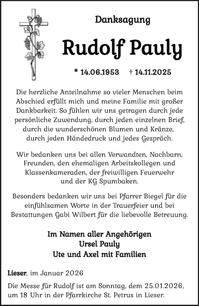  Traueranzeige für Rudolf Pauly vom 17.01.2026 aus trierischer_volksfreund