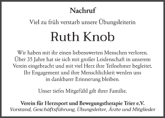 Traueranzeige von Ruth Knob von trierischer_volksfreund