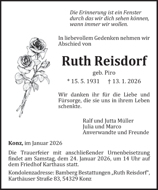 Traueranzeige von Ruth Reisdorf von trierischer_volksfreund