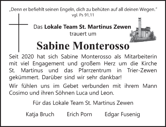Traueranzeige von Sabine Monterosso von trierischer_volksfreund