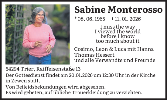 Traueranzeige von Sabine Monterosso von trierischer_volksfreund