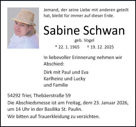 Traueranzeige von Sabine Schwan von trierischer_volksfreund