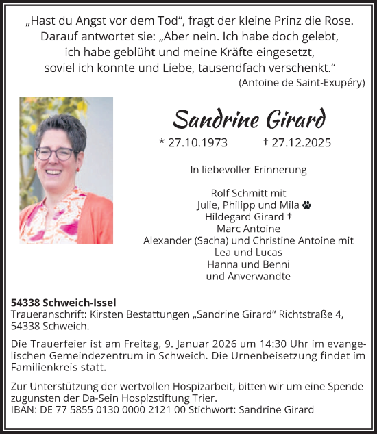 Traueranzeige von Sandrine Girard von trierischer_volksfreund