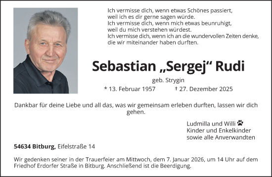 Traueranzeige von Sebastian Rudi von trierischer_volksfreund