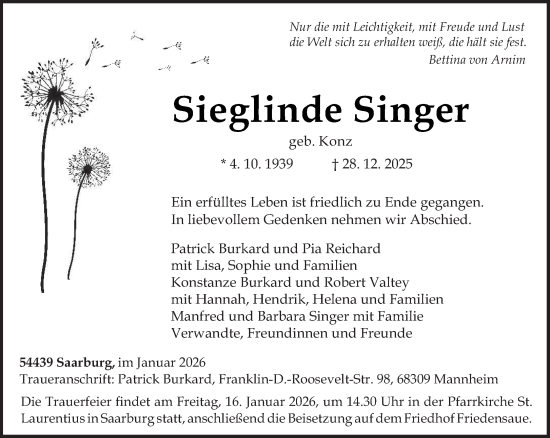 Traueranzeige von Sieglinde Singer von trierischer_volksfreund