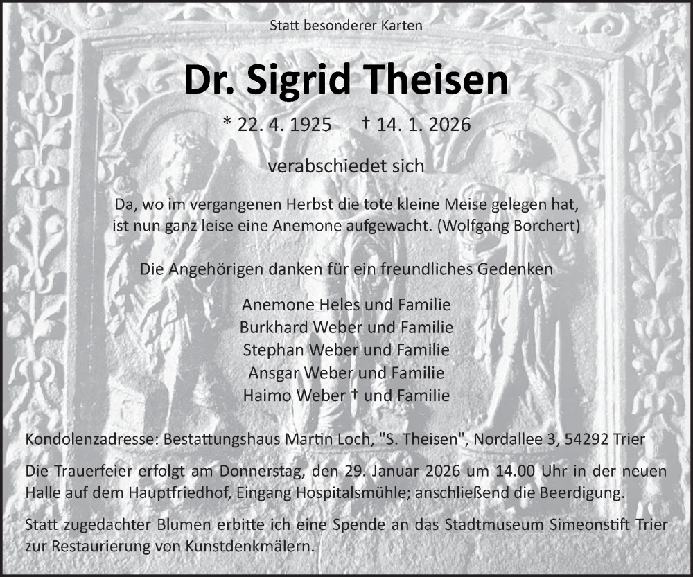  Traueranzeige für Sigrid Theisen vom 24.01.2026 aus trierischer_volksfreund