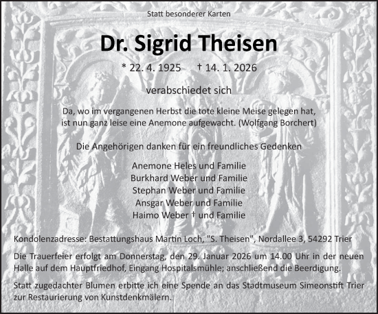 Traueranzeige von Sigrid Theisen von trierischer_volksfreund