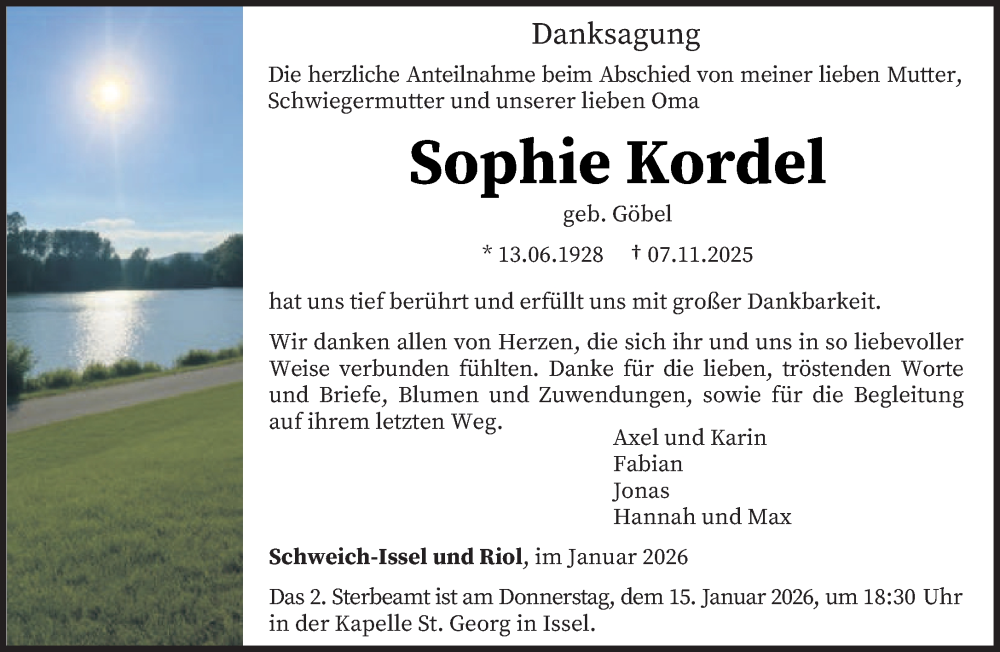  Traueranzeige für Sophie Kordel vom 10.01.2026 aus trierischer_volksfreund