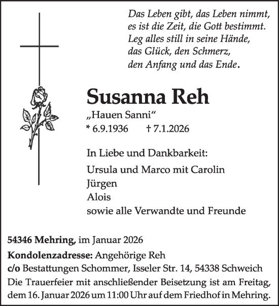 Traueranzeige von Susanna Reh von trierischer_volksfreund