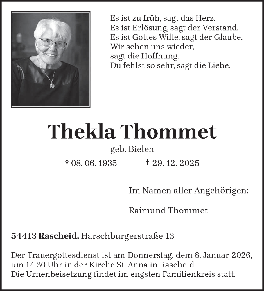  Traueranzeige für Thekla Thommet vom 06.01.2026 aus trierischer_volksfreund