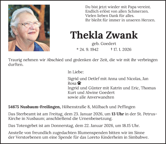 Traueranzeige von Thekla Zwank von trierischer_volksfreund