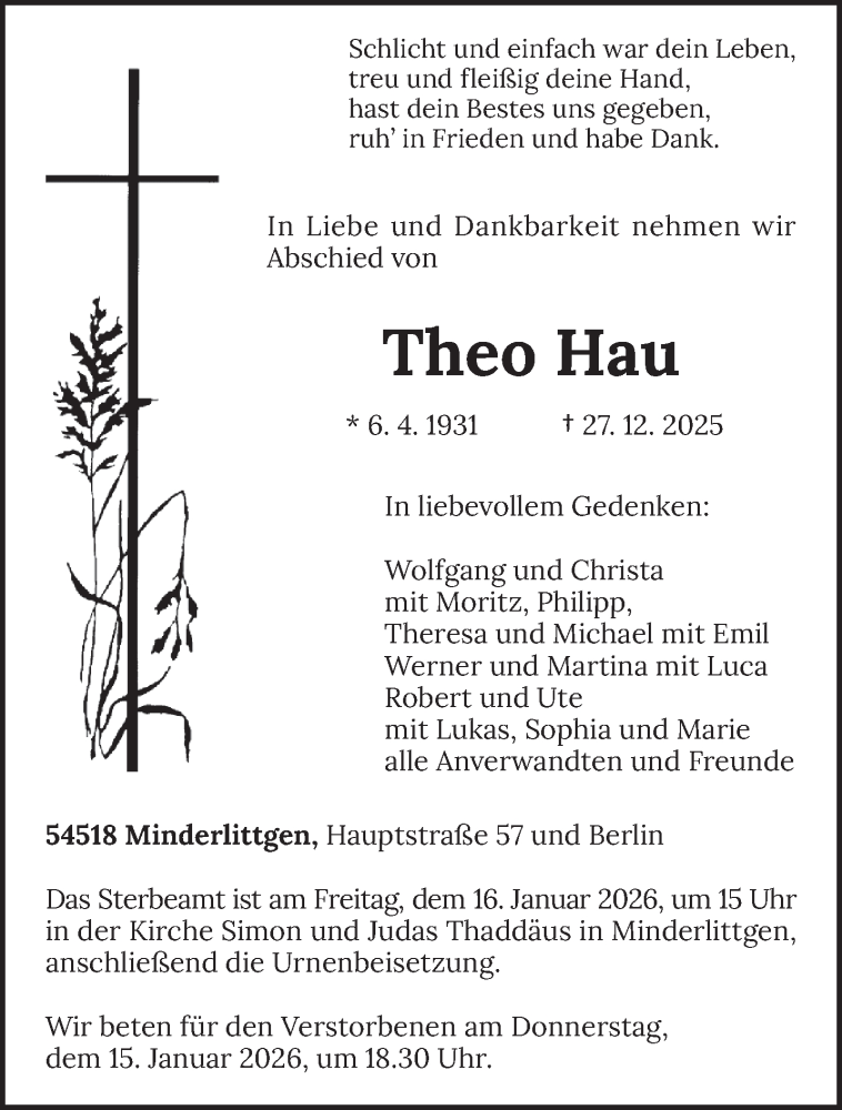  Traueranzeige für Theo Hau vom 10.01.2026 aus trierischer_volksfreund
