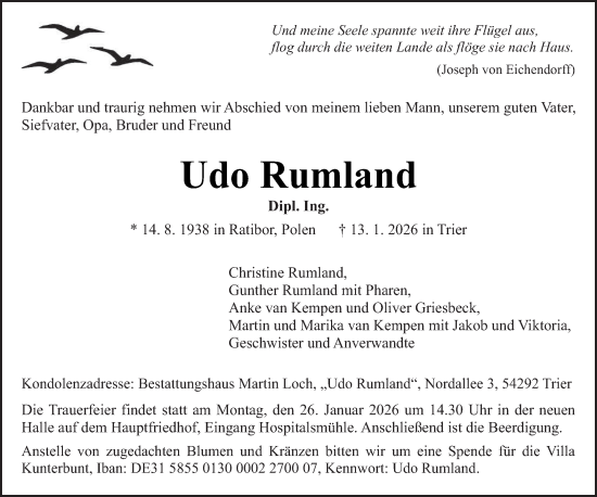 Traueranzeige von Udo Rumland von trierischer_volksfreund