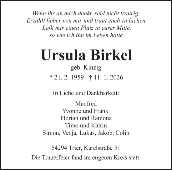 Traueranzeige von Ursula Birkel von trierischer_volksfreund