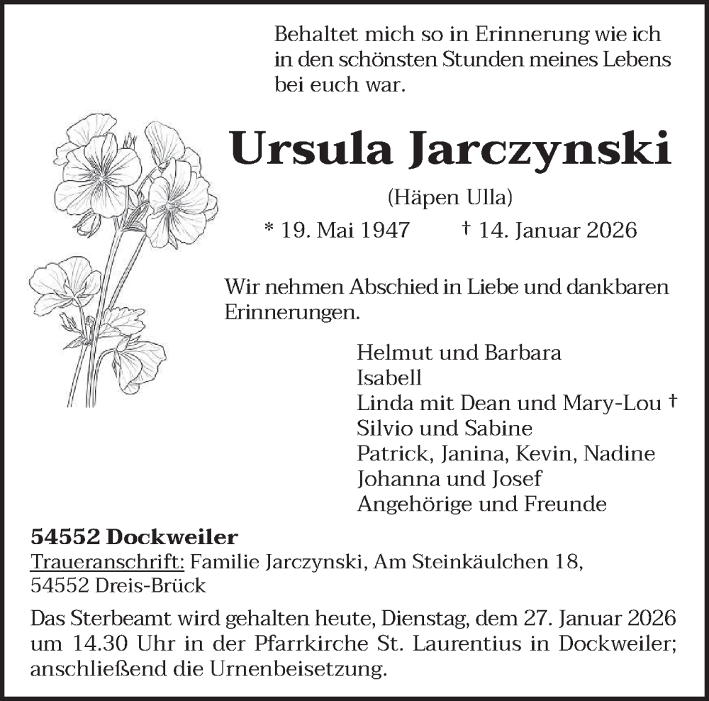  Traueranzeige für Ursula Jarczynski vom 27.01.2026 aus trierischer_volksfreund