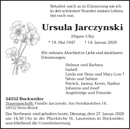 Traueranzeige von Ursula Jarczynski von trierischer_volksfreund