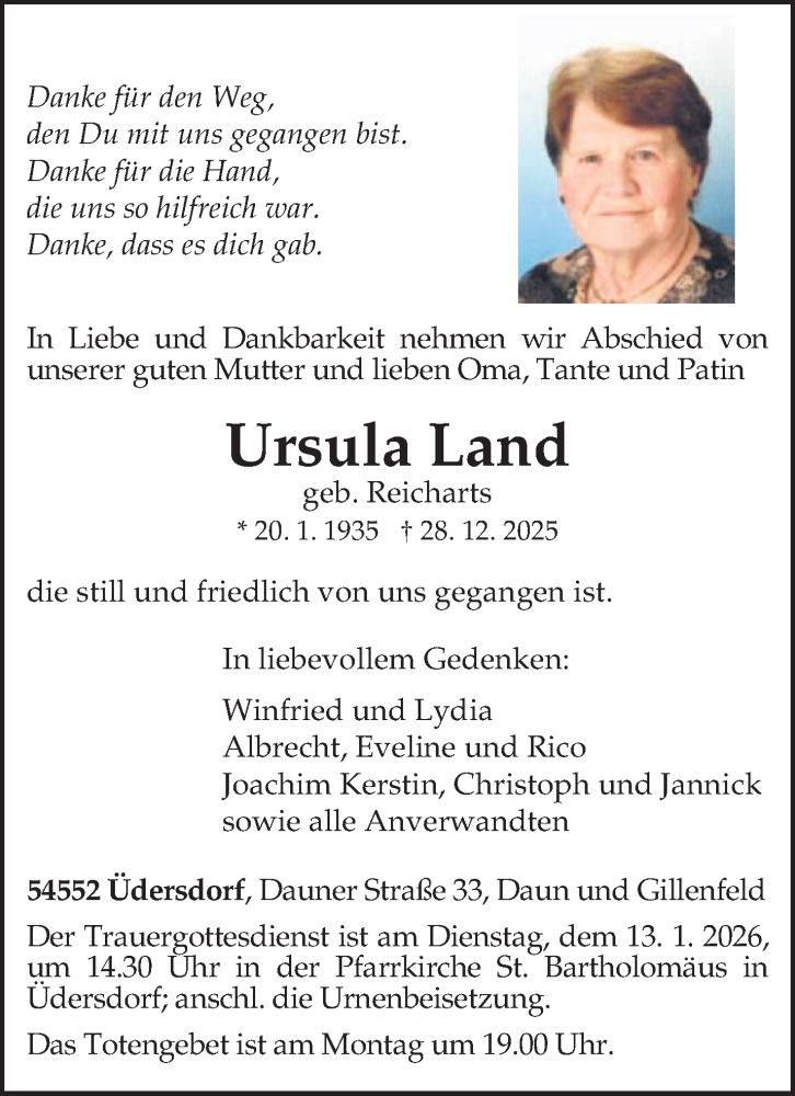  Traueranzeige für Ursula Land vom 07.01.2026 aus trierischer_volksfreund