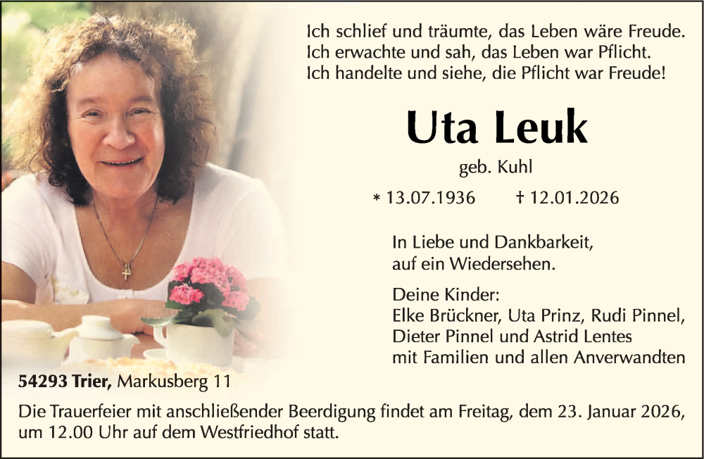  Traueranzeige für Uta Leuk vom 17.01.2026 aus trierischer_volksfreund