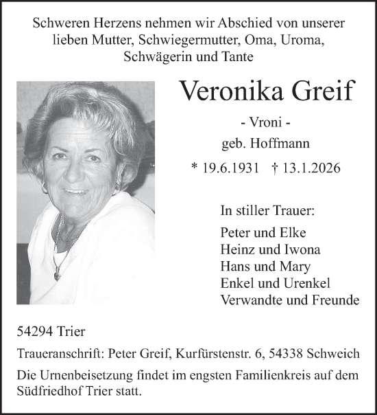 Traueranzeige von Veronika Greif von trierischer_volksfreund