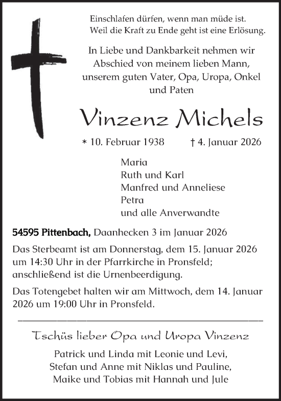 Traueranzeige von Vinzenz Michels von trierischer_volksfreund