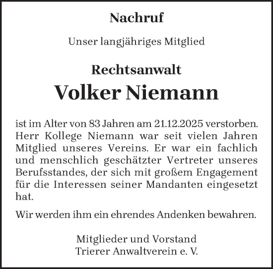 Traueranzeige von Volker Niemann von trierischer_volksfreund