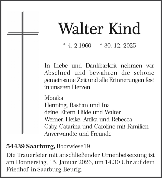 Traueranzeige von Walter Kind von trierischer_volksfreund
