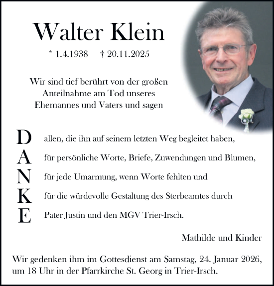 Traueranzeige von Walter Klein von trierischer_volksfreund