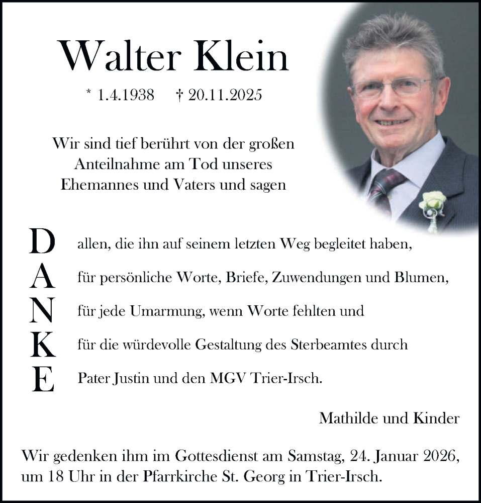  Traueranzeige für Walter Klein vom 17.01.2026 aus trierischer_volksfreund