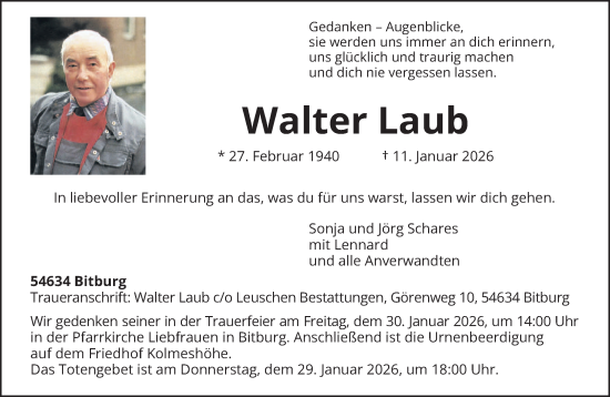 Traueranzeige von Walter Laub von trierischer_volksfreund