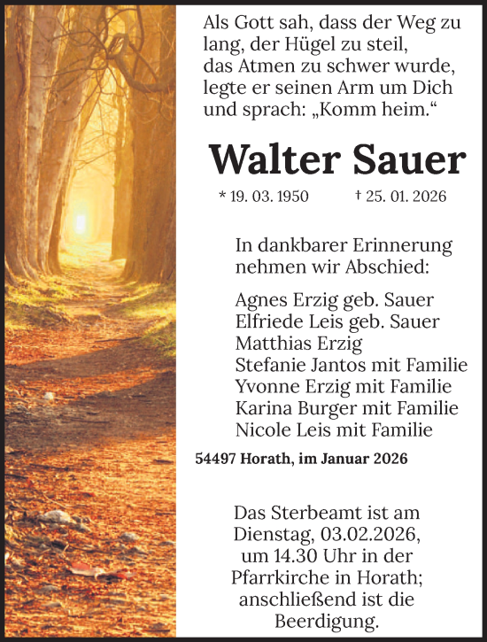Traueranzeige von Walter Sauer von trierischer_volksfreund