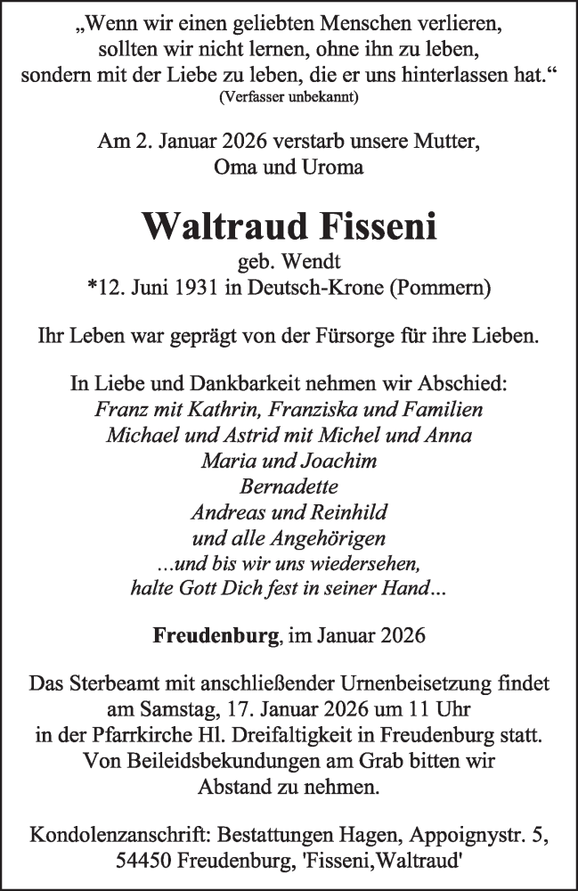  Traueranzeige für Waltraud Fisseni vom 10.01.2026 aus trierischer_volksfreund