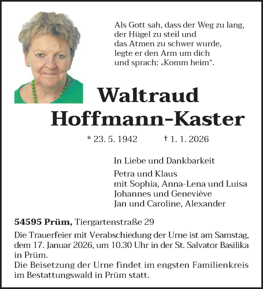  Traueranzeige für Waltraud Hoffmann-Kaster vom 10.01.2026 aus trierischer_volksfreund