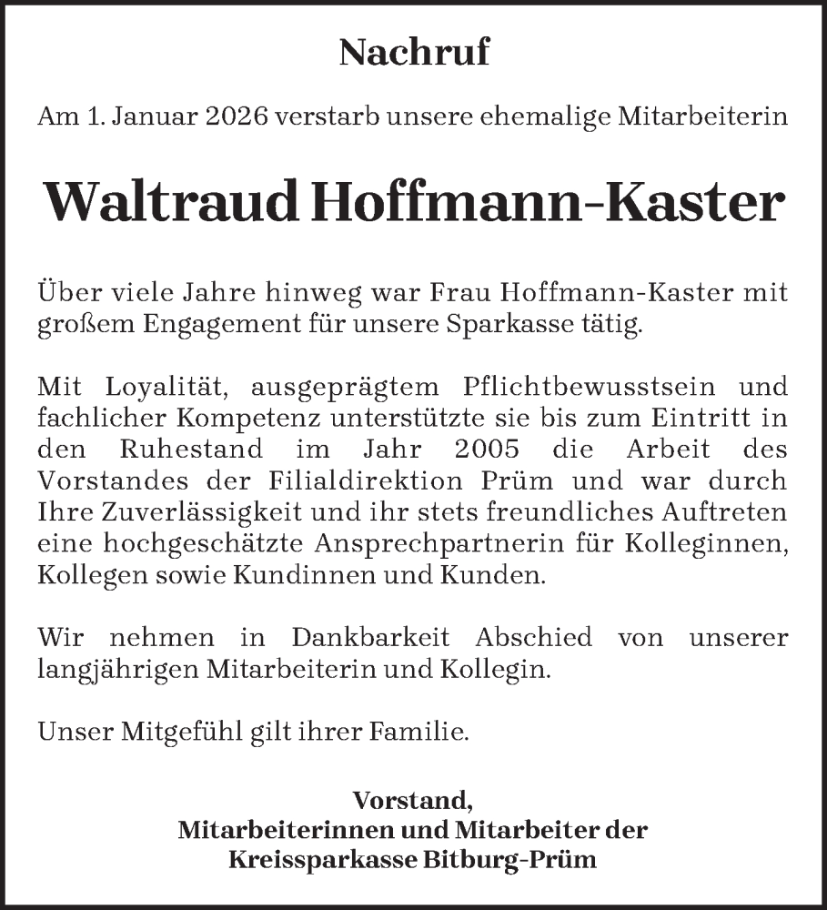  Traueranzeige für Waltraud Hoffmann-Kaster vom 10.01.2026 aus trierischer_volksfreund