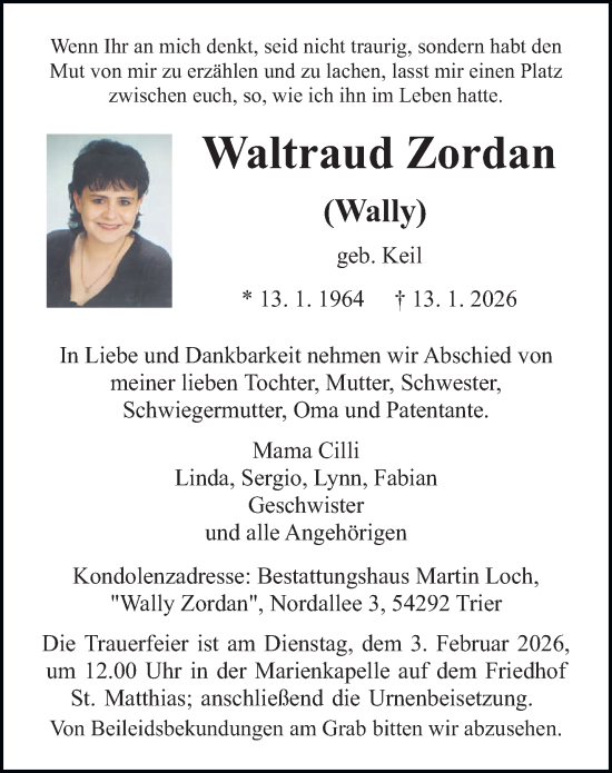 Traueranzeige von Waltraud Zordan von trierischer_volksfreund
