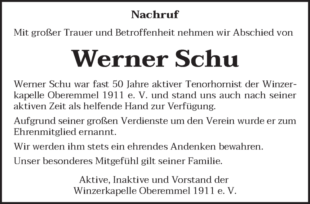  Traueranzeige für Werner Schu vom 07.01.2026 aus trierischer_volksfreund