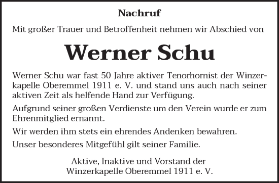 Traueranzeige von Werner Schu von trierischer_volksfreund