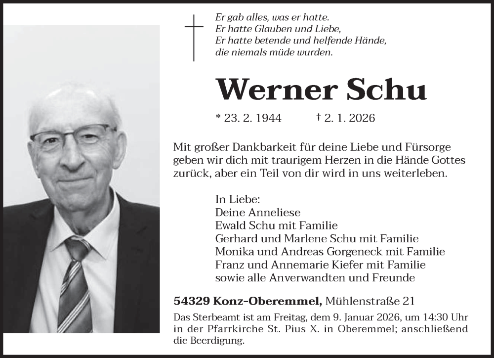  Traueranzeige für Werner Schu vom 07.01.2026 aus trierischer_volksfreund
