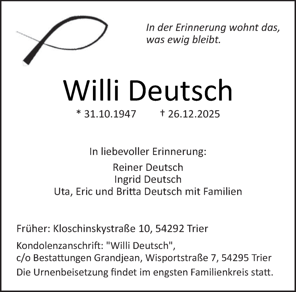  Traueranzeige für Willi Deutsch vom 10.01.2026 aus trierischer_volksfreund