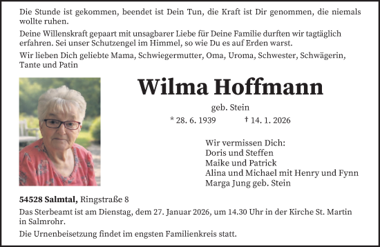 Traueranzeige von Wilma Hoffmann von trierischer_volksfreund