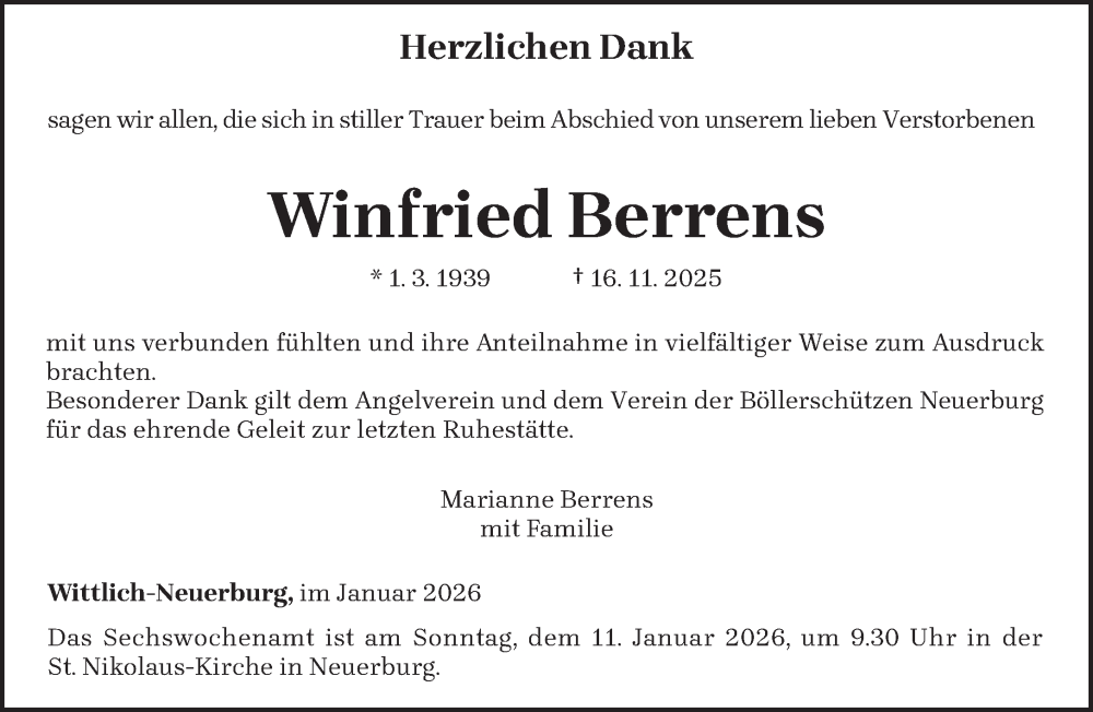  Traueranzeige für Winfried Berrens vom 03.01.2026 aus trierischer_volksfreund