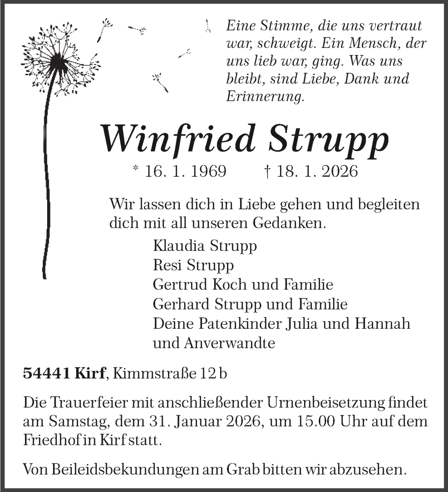  Traueranzeige für Winfried Strupp vom 24.01.2026 aus trierischer_volksfreund